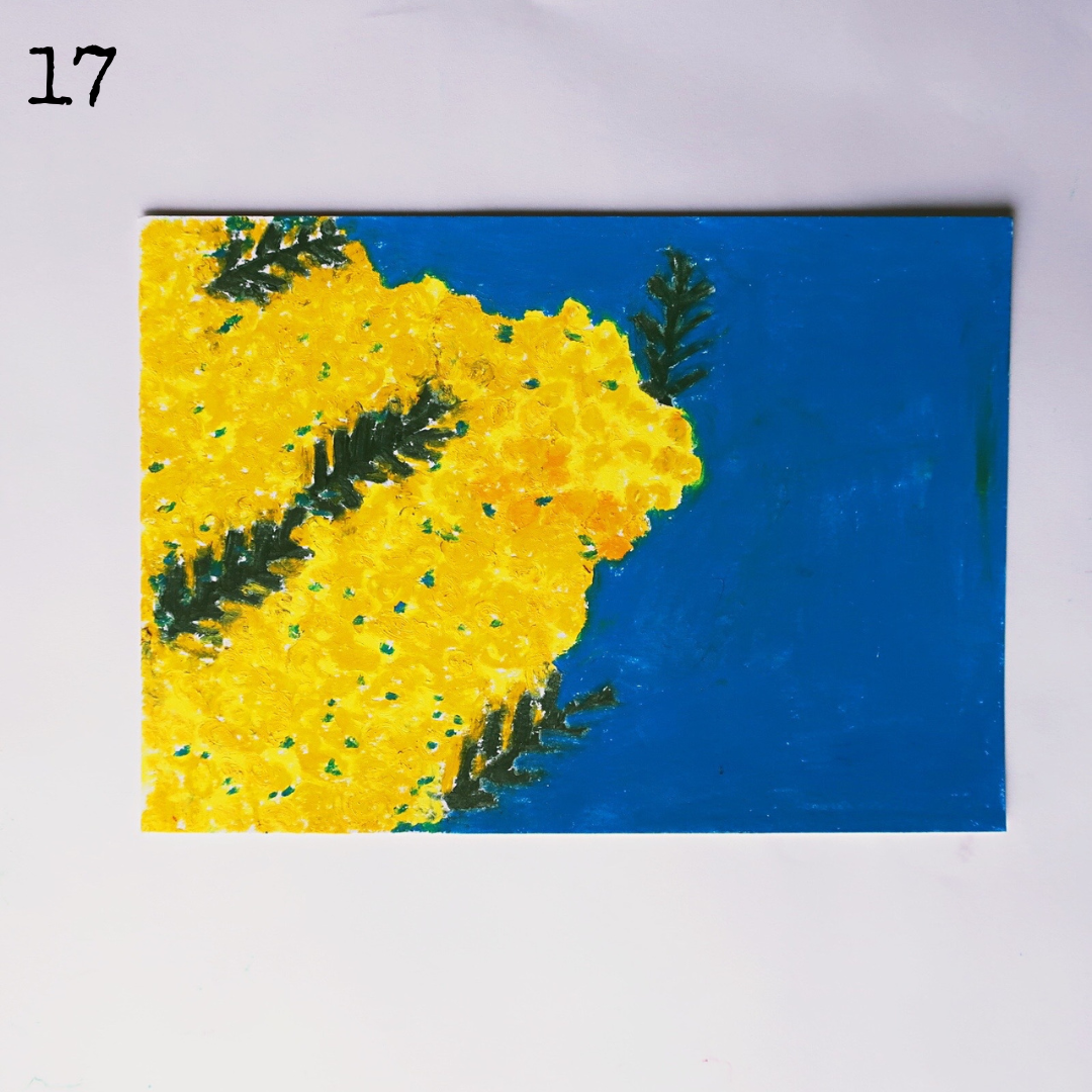 An oil pastel painting of yellow mimosa flowers in the blue sky