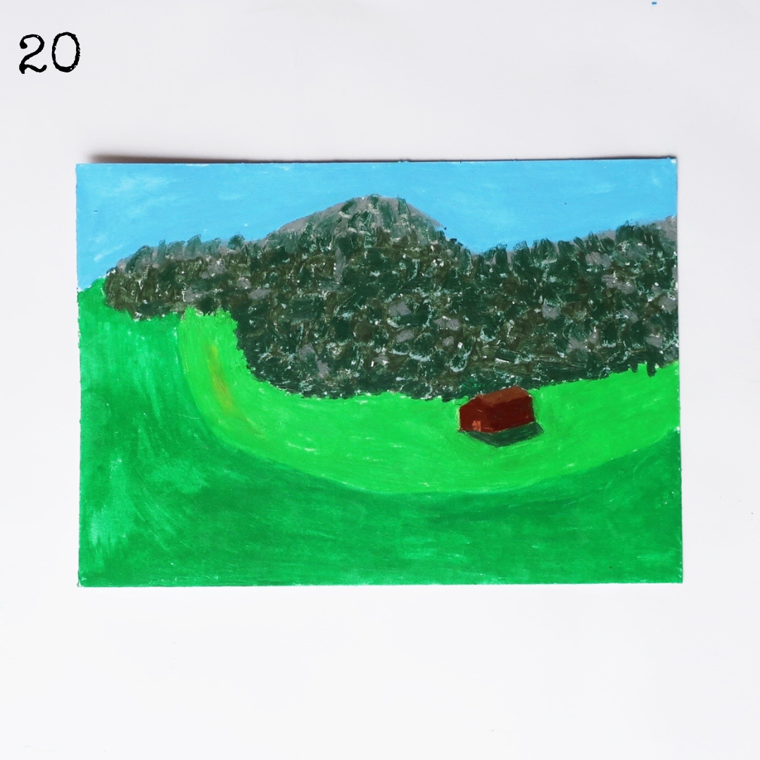 An oil pastel painting of a cute wooden house in a mountain valley