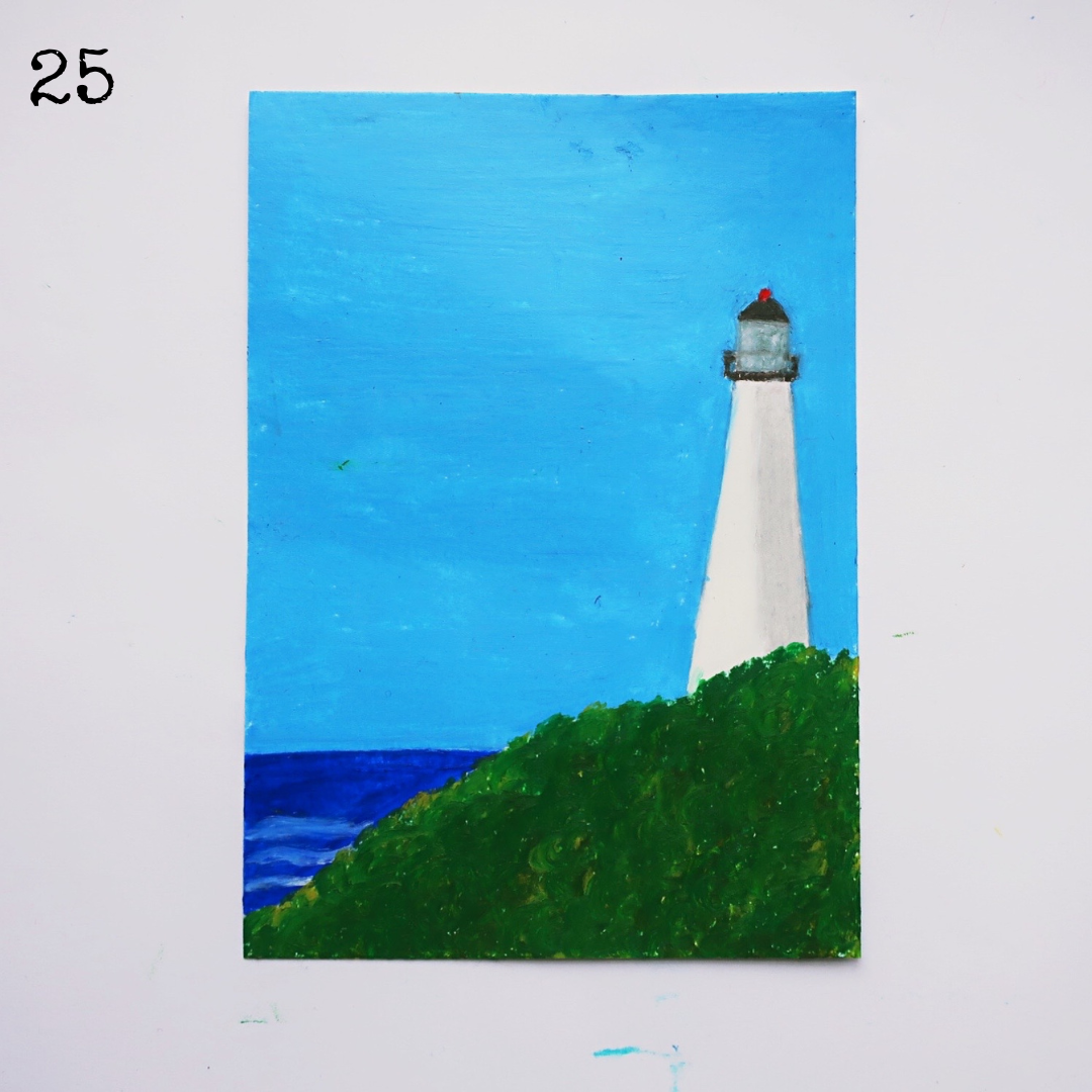 An oil pastel painting of a white lighthouse under the blue sky 