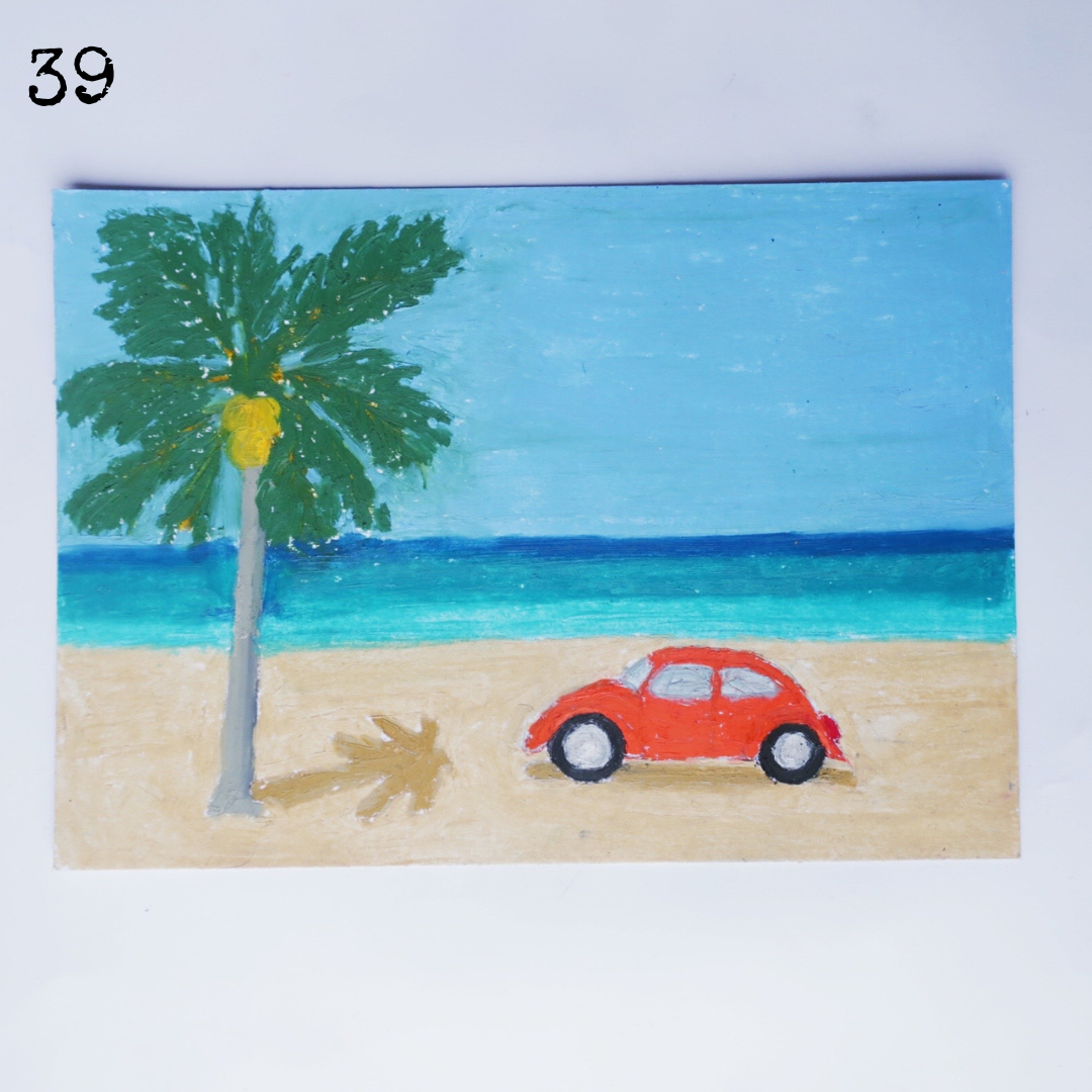 An oil pastel painting of a vintage car on the beach under a coconut tree