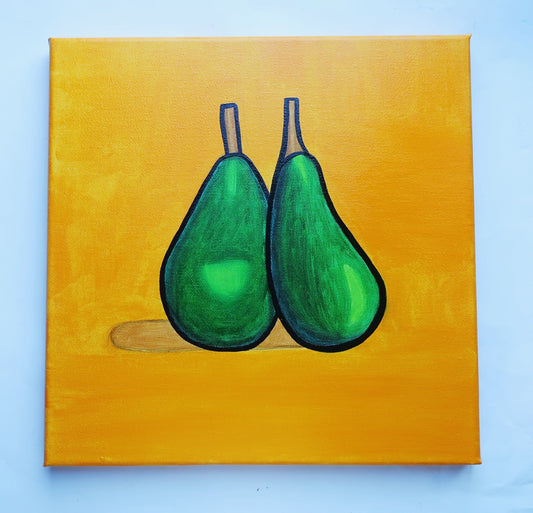 An oil painting of two green pears on a yellow canvas