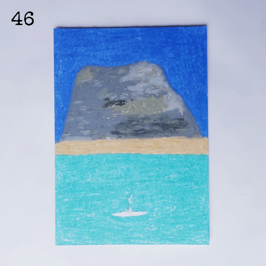 An oil pastel painting of a beach in front of a mountain