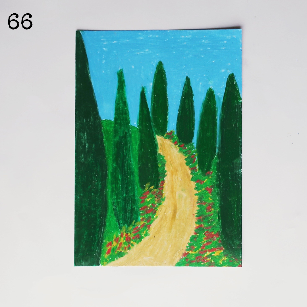 An oil pastel painting of an earth track with trees