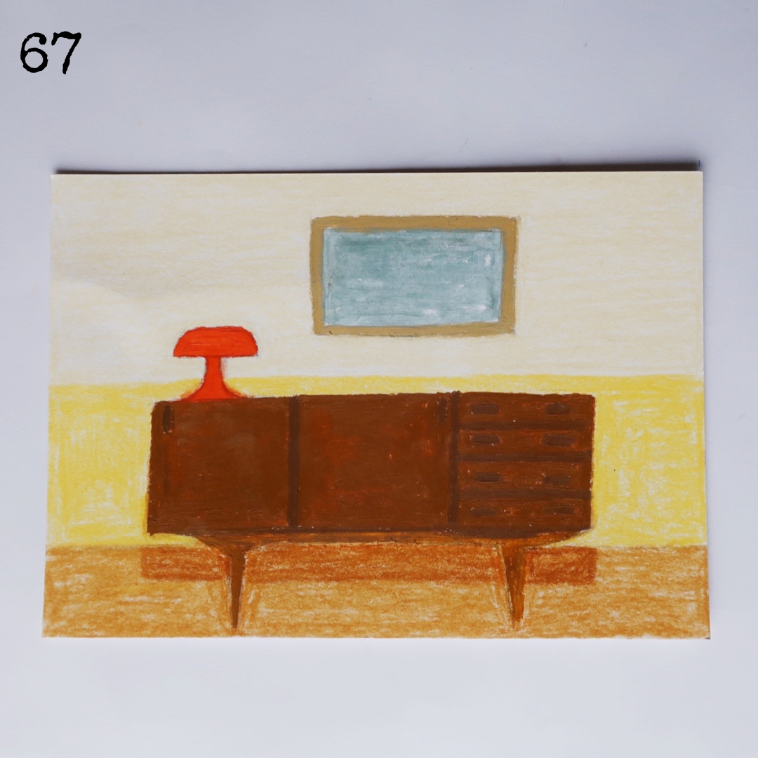 An oil pastel painting of a vintage cabinet with an orange vintage lamp