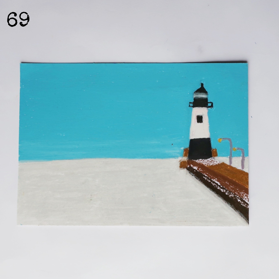 An oil pastel painting of a black and white lighthouse on a frozen sea 