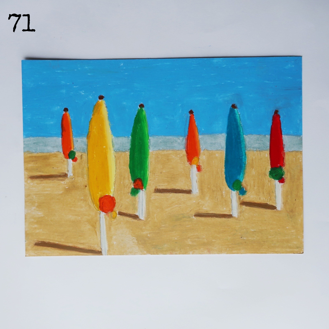 An oil pastel painting of beach umbrellas under the blue sky
