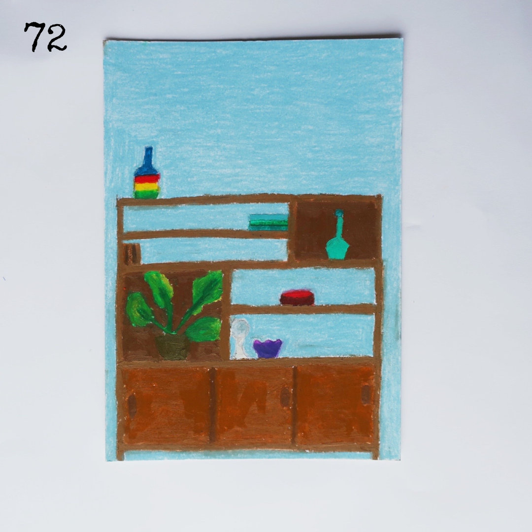 An oil pastel painting of a vintage cabinet against a blue background
