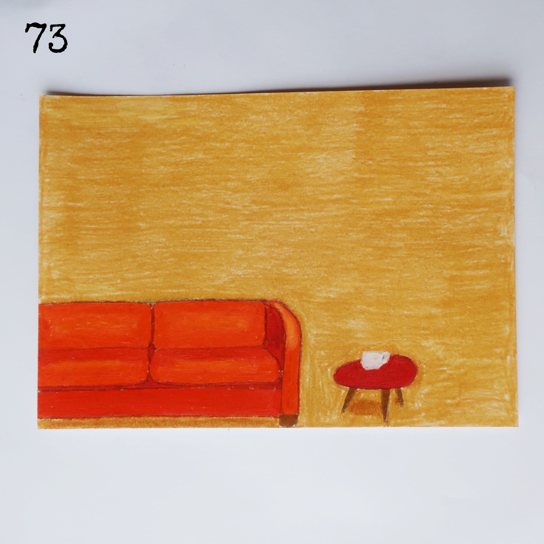 An oil pastel painting of an orange vintage sofa