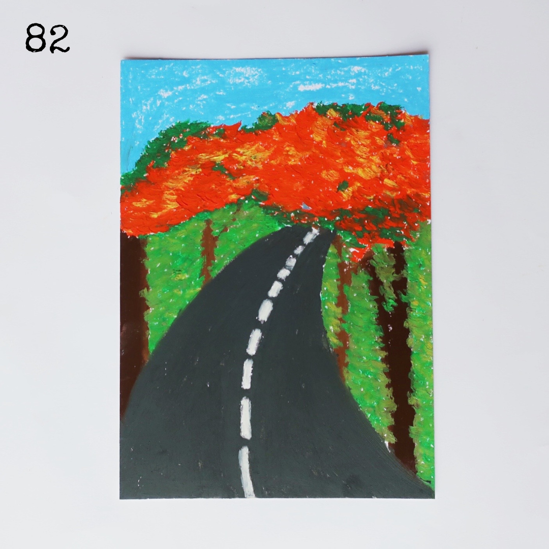 An oil pastel painting of a black road with red flame trees