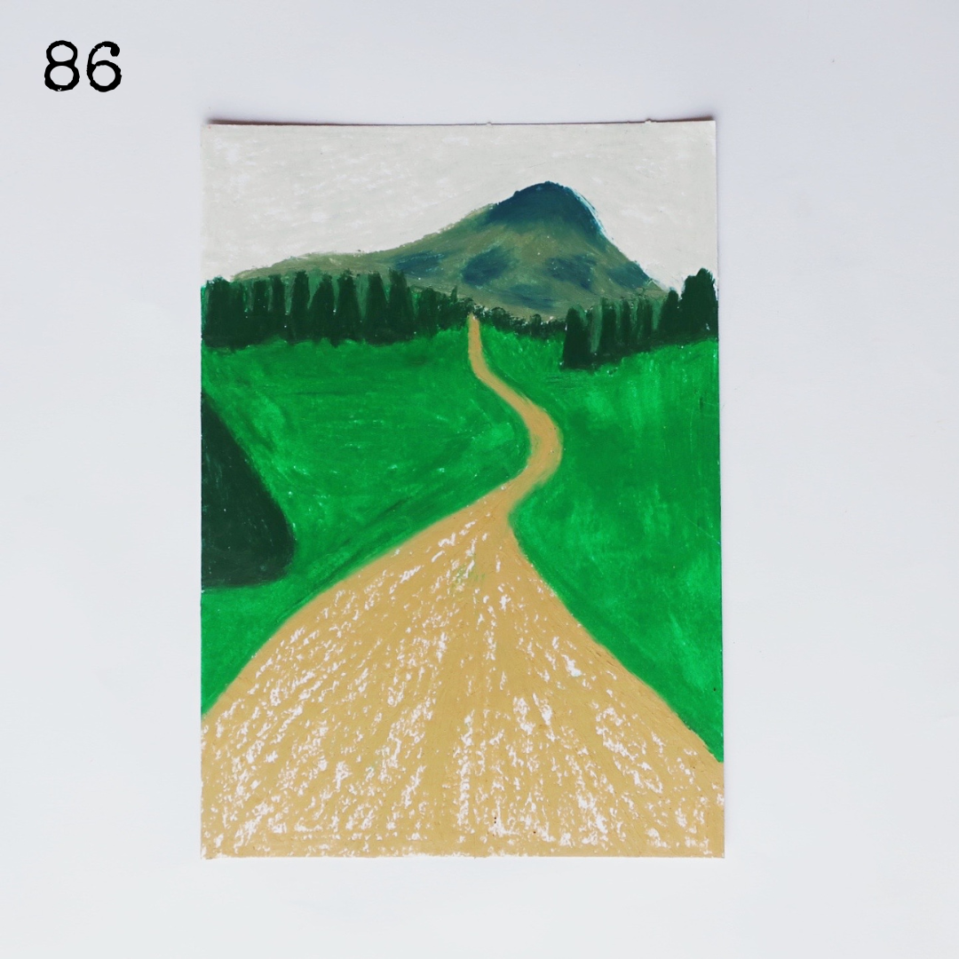 An oil pastel painting of an earth track leading to a mountain