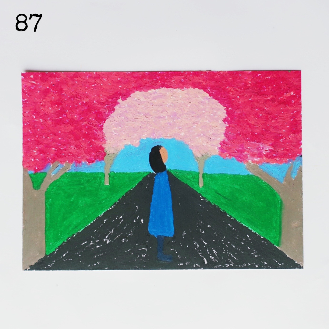 An oil pastel painting of blue woman silhouette under cherry blossoms