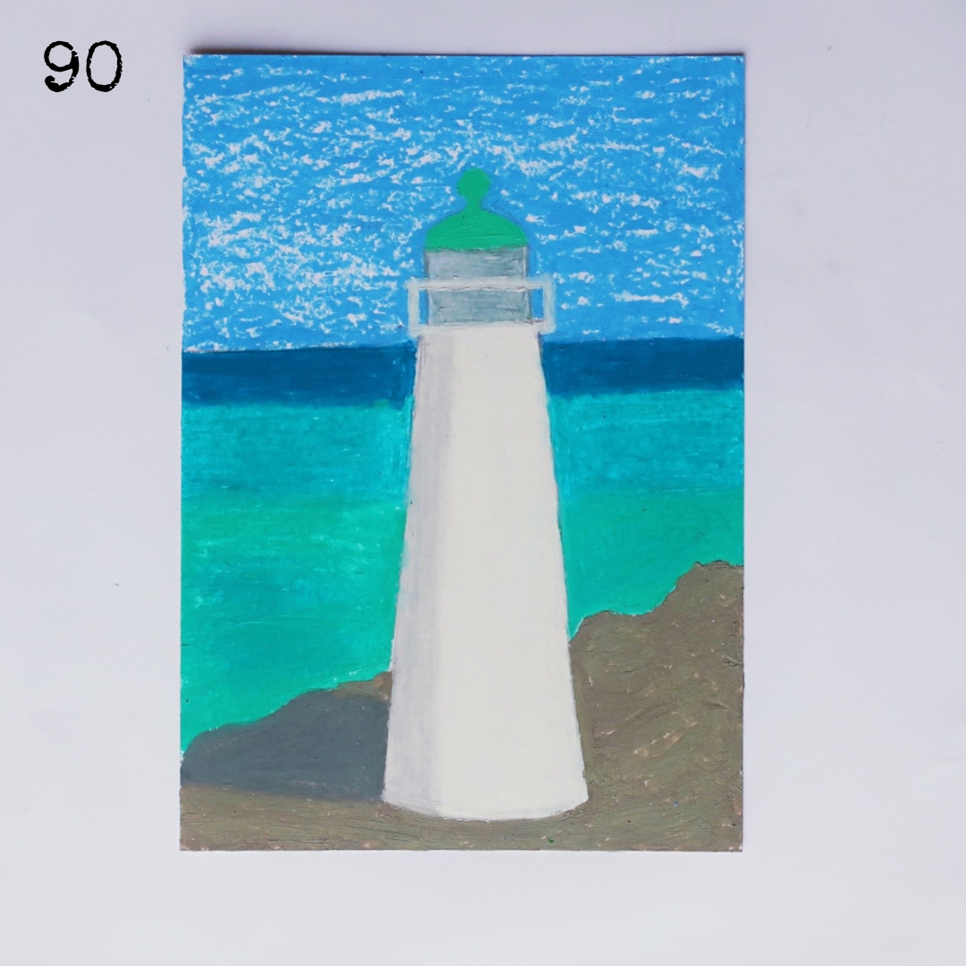 An oil pastel painting of a white lighthouse against a blue sea