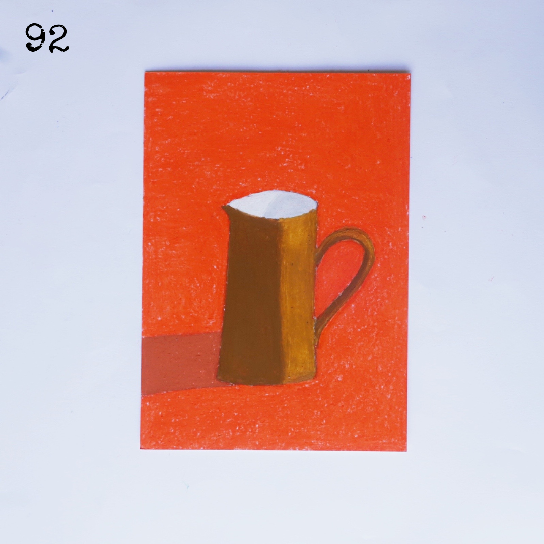 An oil pastel painting of a brown jug on an orange background