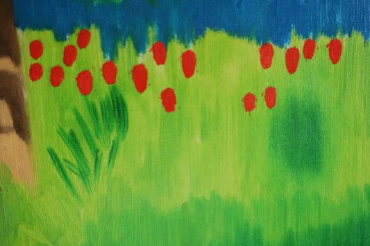 Red dots representing poppies on green grass