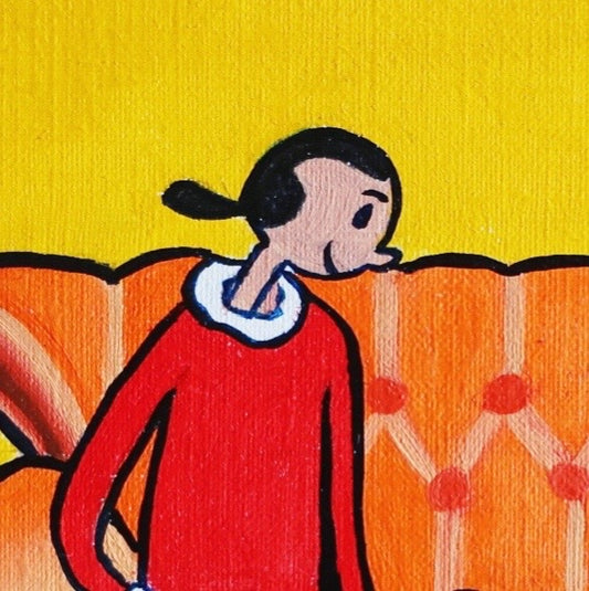 An oil painting of Olive Oyl sitting on Friends couch against a yellow background