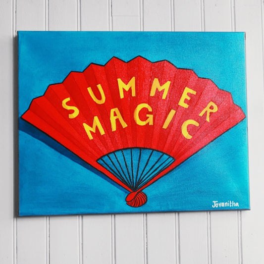 An oil painting of a red hand fan against a blue background with the words Summer Magic on it