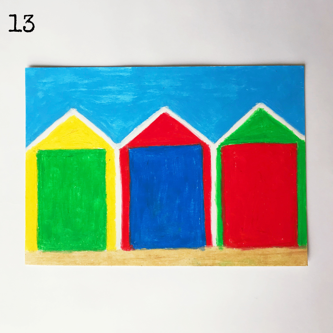 An oil pastel painting of three beach huts on a bright summer day