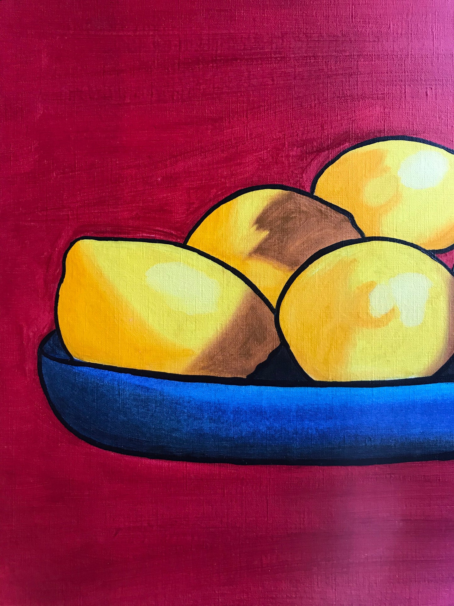 An oil painting of yellow lemons on a blue plate against a red background