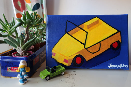 An oil painting of a yellow Citroen Mehari car against a blue background on a white shelf