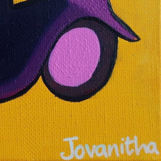 A detail of an oil painting of a violet Citroen Traction car against a yellow background