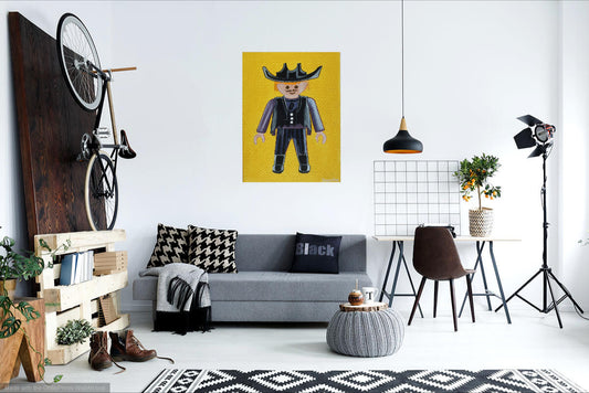 An oil painting of a violet Playmobil cowboy against a yellow background on a white wall