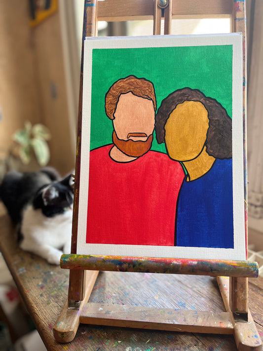 A faceless oil portrait of a red-bearded man and a black girl on an easel