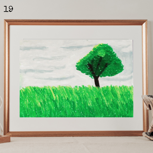A framed painting of an oil pastel painting of a green tree in a green field under a stormy sky