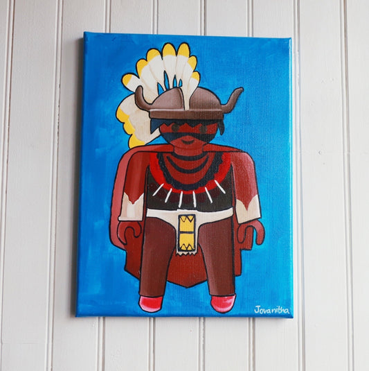 An oil painting of an Indian Playmobil against a blue background on a white wall