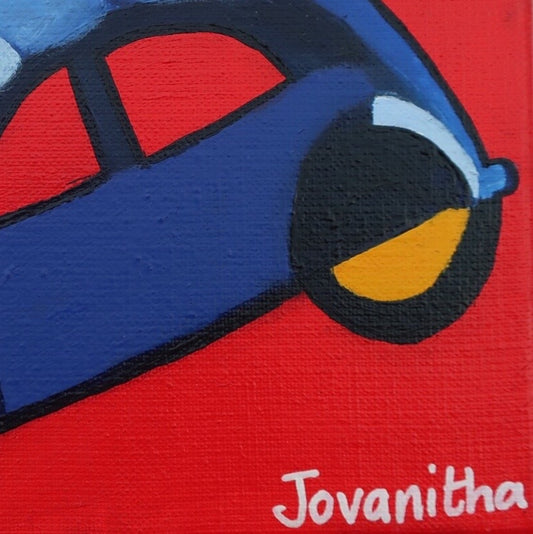 A detail of an oil painting of a blue Citroen 2CV car against a red background