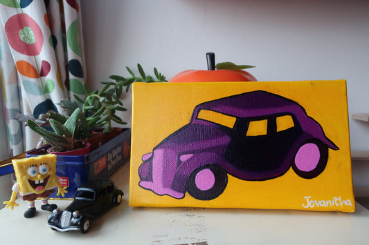 An oil painting of a violet Citroen Traction car against a yellow background on a white shelf