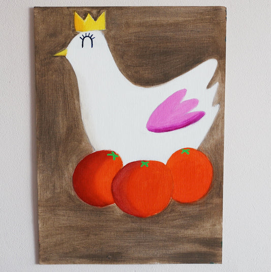 An oil painting of a white hen with a heart-shaped wing and a crown on her head laying big oranges