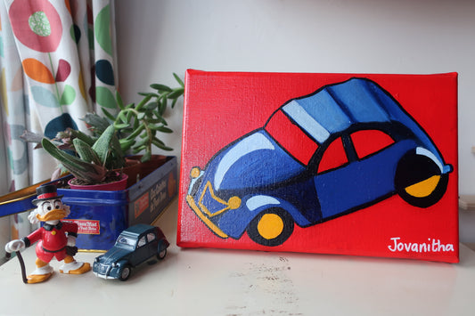 An oil painting of a blue Citroen 2CV car against a red background on a white shelf