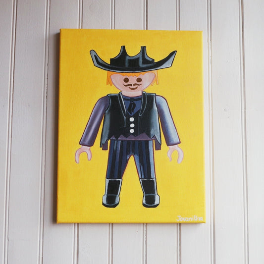An oil painting of a violet Playmobil cowboy against a yellow background on a white wall