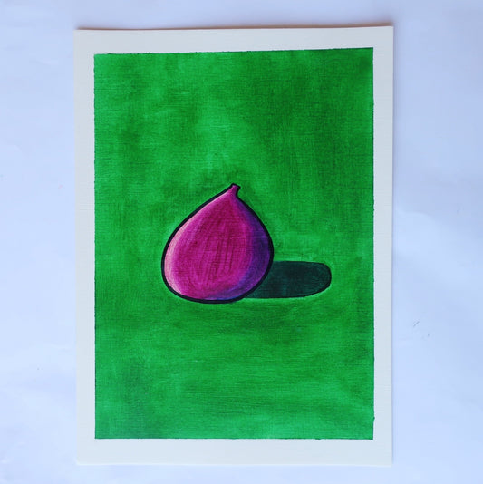 An oil painting of a purple fig against a green background on a white background