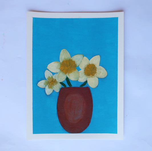 An oil painting of white flowers in a brown pot against a blue background