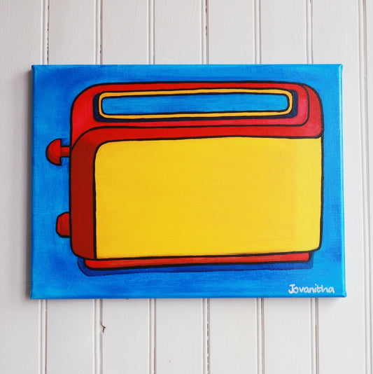 An oil painting of a yellow toaster with red borders against a blue background