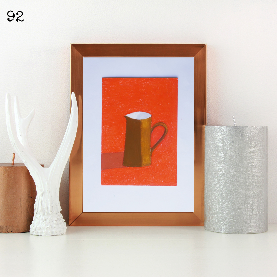 A wooden framed oil pastel painting of a brown jug on an orange background