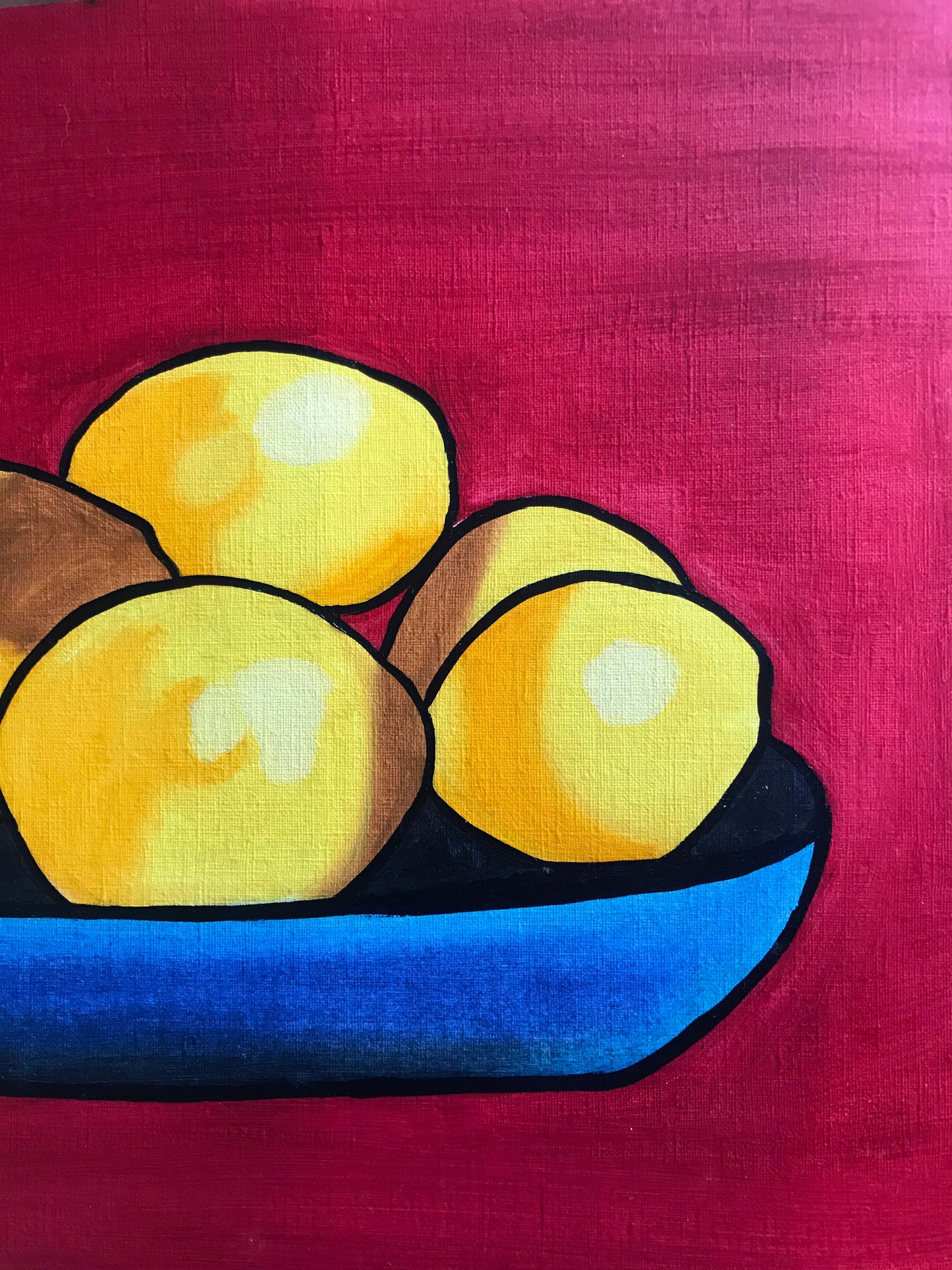 A happy art painting of yellow lemons in a blue plate against a red background