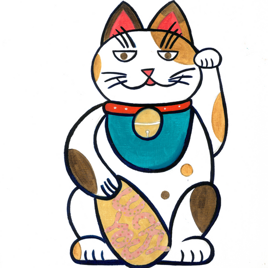 A print of an oil painting of a tri-colored lucky cat holding a golden coin with the words lucky you