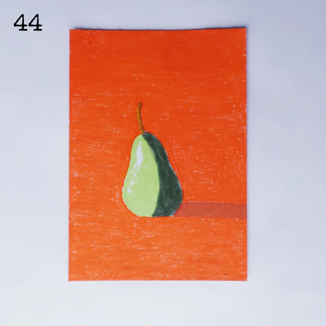 An oil pastel painting of a green pear against an orange background