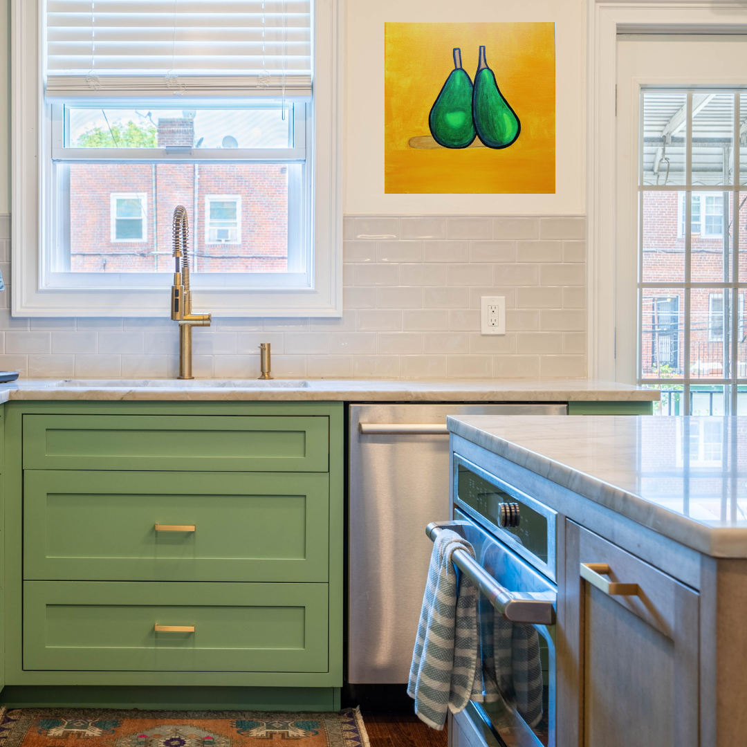 An oil painting of two green pears on a yellow canvas in a kitchen