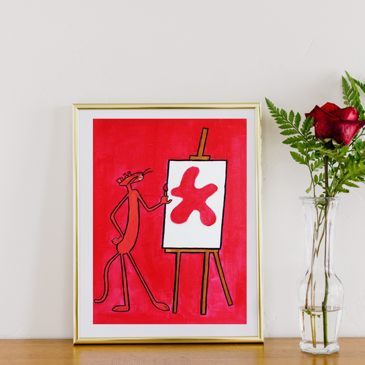 A gold framed oil painting of the pink panther painting on a pink canvas on a white canvas against a pink background on a white wall
