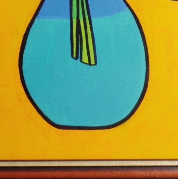 A close-up picture of a wooden framed oil painting of four poppies in a vase on a yellow background