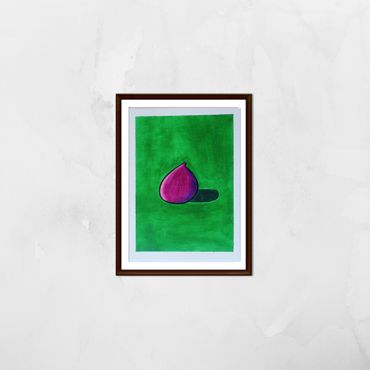 A black framed painting of a purple fig against a green background on a white wall