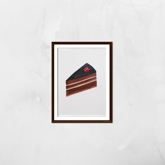 A framed painting of a slice of chocolate cake on a white wall 