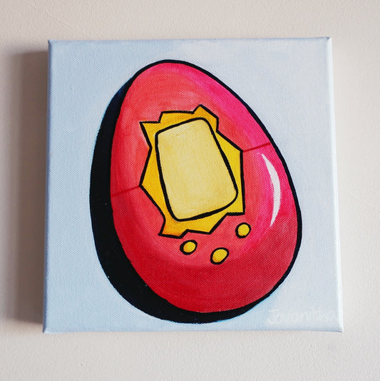 An oil painting of a red tamagotchi with a yellow screen against a light blue background