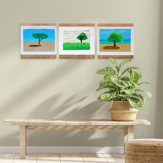 Three oil pastel paintings of trees in a boho decor