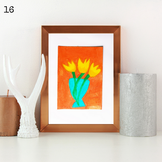 A wooden framed oil pastel painting of yellow tulips in a blue vase against an orange background