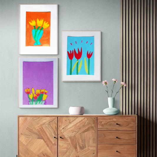 Three framed oil pastel painting of tulips in a boho decor