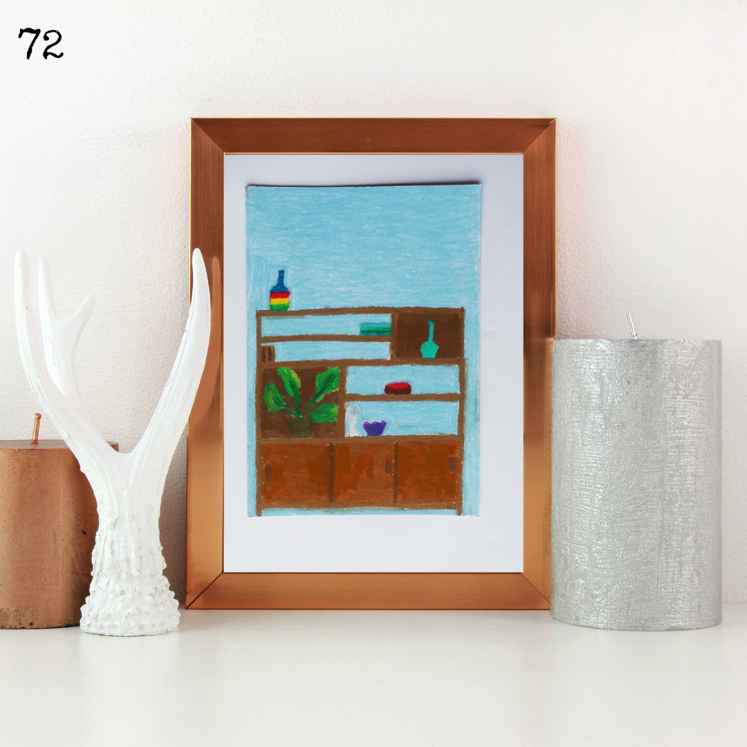 A wooden framed oil pastel painting of a vintage cabinet against a blue background